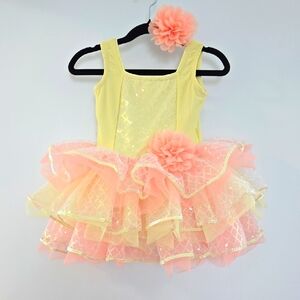 Yellow and Pink Kids Recital Costume Dress, Size 2-3y